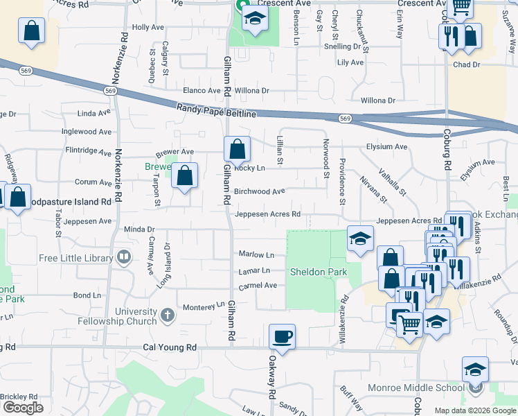 map of restaurants, bars, coffee shops, grocery stores, and more near 2148 Jeppesen Acres Road in Eugene