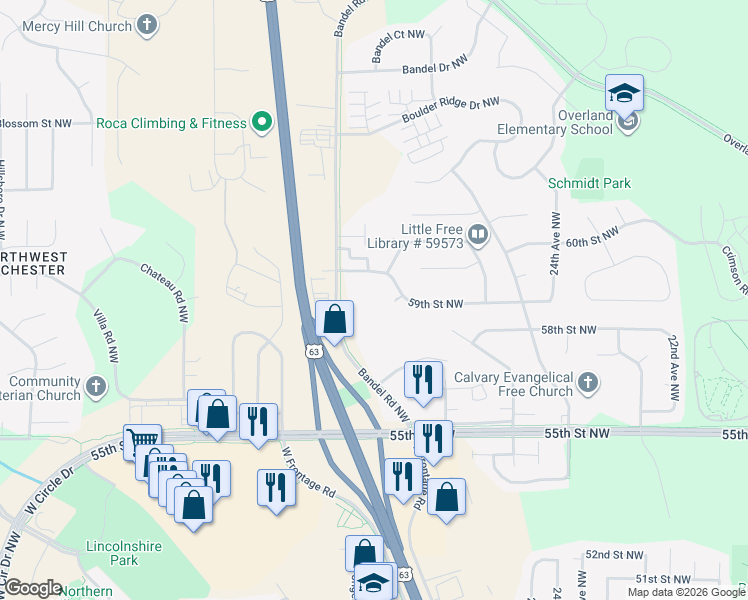 map of restaurants, bars, coffee shops, grocery stores, and more near 5810 Edelweiss Lane Northwest in Rochester
