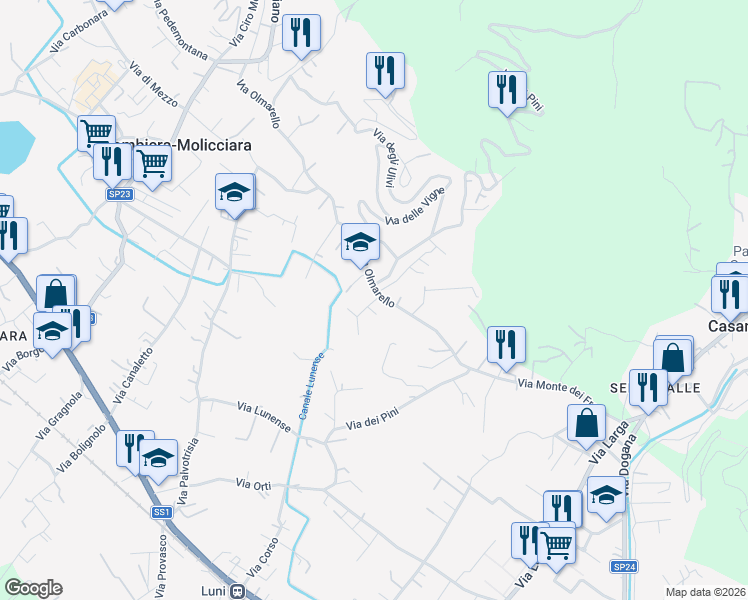map of restaurants, bars, coffee shops, grocery stores, and more near 40 Via del Maggiore in Colombiera-molicciara