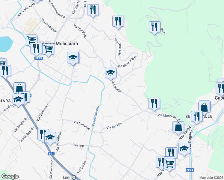 map of restaurants, bars, coffee shops, grocery stores, and more near 40 Via del Maggiore in Colombiera-molicciara