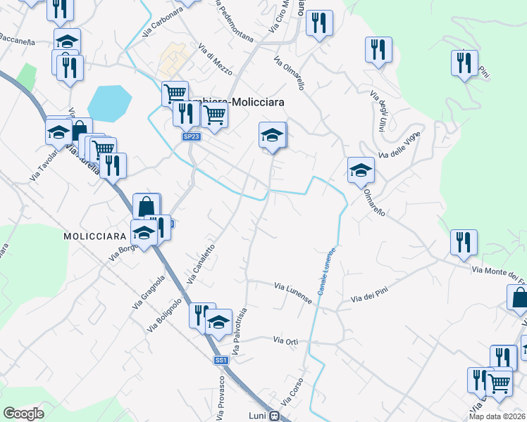 map of restaurants, bars, coffee shops, grocery stores, and more near 52A Via Palvotrisia in Colombiera-molicciara