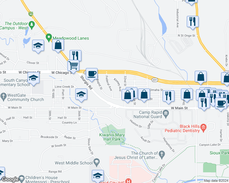 map of restaurants, bars, coffee shops, grocery stores, and more near 242 Federal Avenue in Rapid City