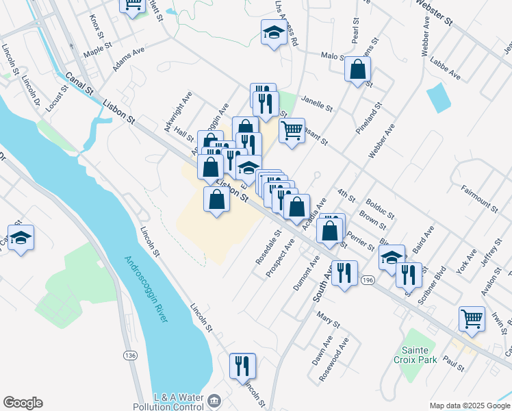 map of restaurants, bars, coffee shops, grocery stores, and more near 880 Lisbon Street in Lewiston