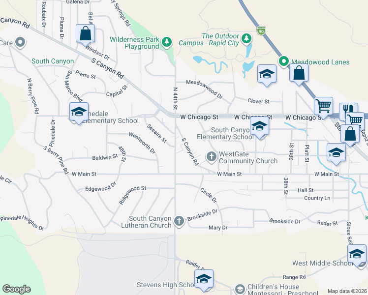 map of restaurants, bars, coffee shops, grocery stores, and more near 35 South Canyon Road in Rapid City