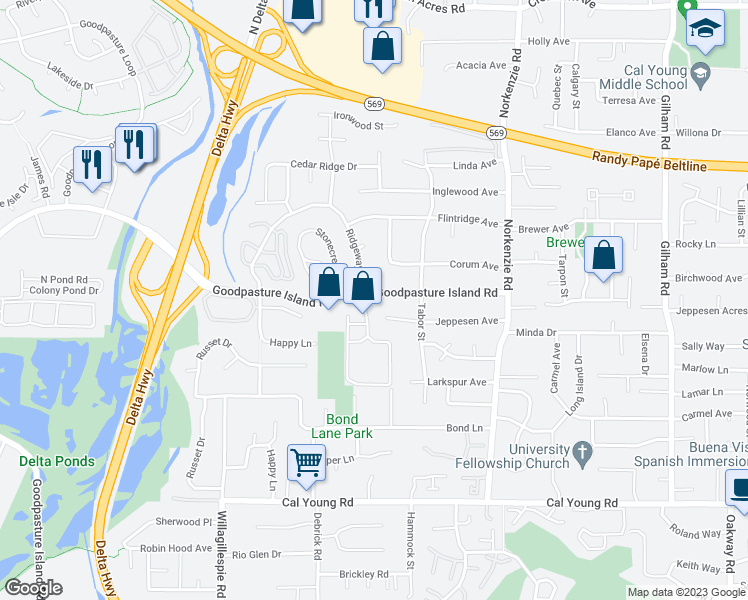 map of restaurants, bars, coffee shops, grocery stores, and more near 1310 Goodpasture Island Road in Eugene