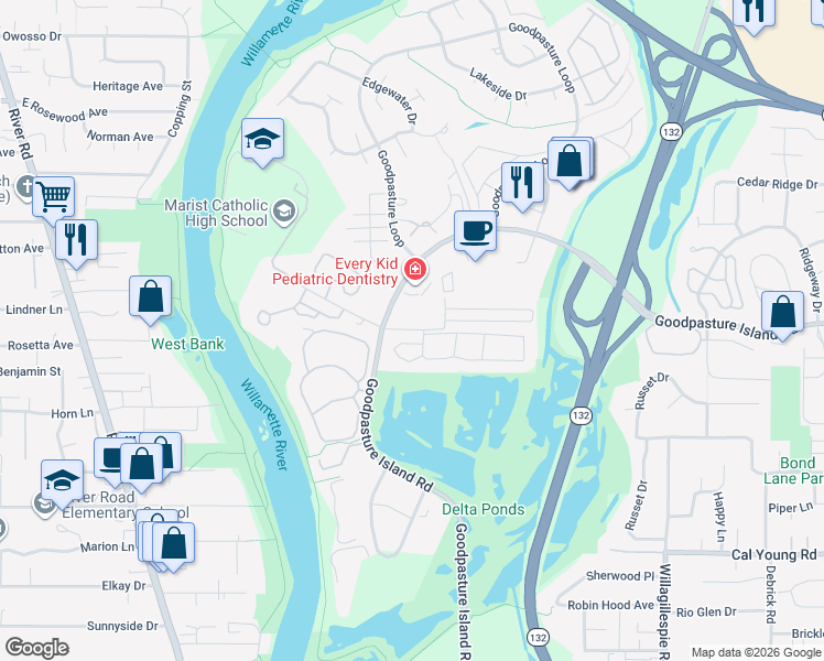 map of restaurants, bars, coffee shops, grocery stores, and more near 1150 Darlene Lane in Eugene
