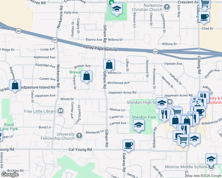 map of restaurants, bars, coffee shops, grocery stores, and more near 2118 Jeppesen Acres Road in Eugene