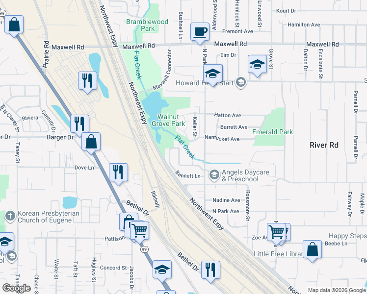 map of restaurants, bars, coffee shops, grocery stores, and more near 2329 Compton Street in Eugene