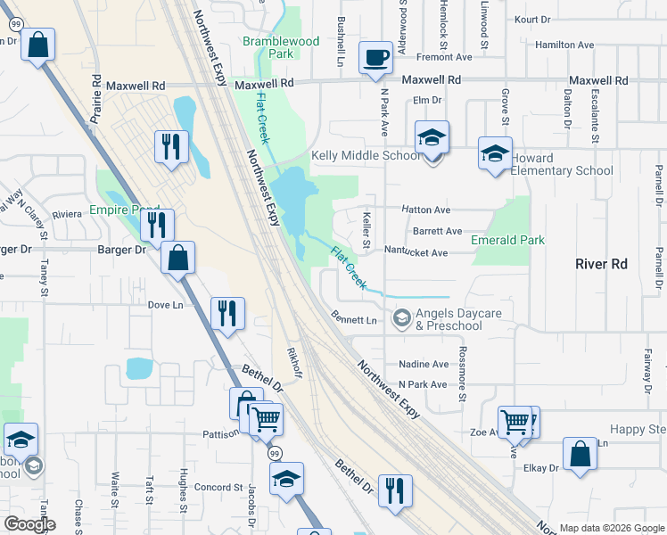 map of restaurants, bars, coffee shops, grocery stores, and more near 1071 Bennett Lane in Eugene