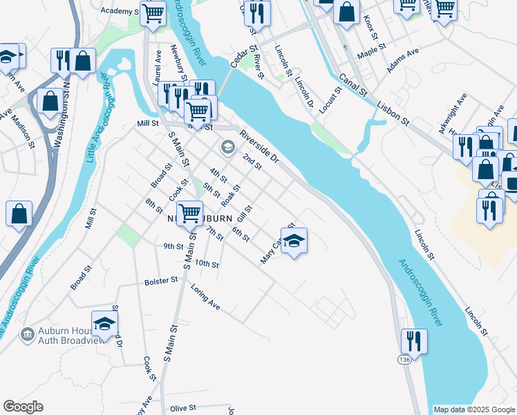 map of restaurants, bars, coffee shops, grocery stores, and more near 42 Gill Street in Auburn