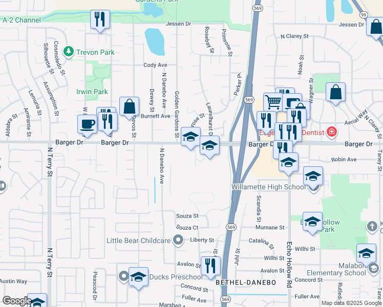 map of restaurants, bars, coffee shops, grocery stores, and more near 4656 Barger Drive in Eugene