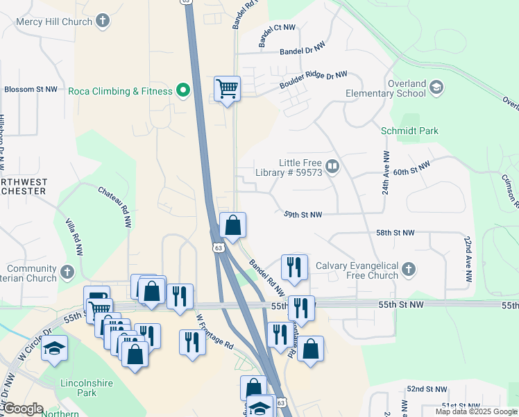 map of restaurants, bars, coffee shops, grocery stores, and more near 2850 59th Street Northwest in Rochester