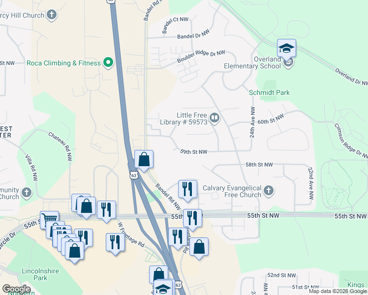 map of restaurants, bars, coffee shops, grocery stores, and more near 2706 59th Street Northwest in Rochester