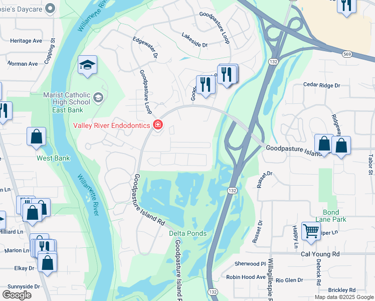 map of restaurants, bars, coffee shops, grocery stores, and more near 1056 Colony Pond Drive in Eugene