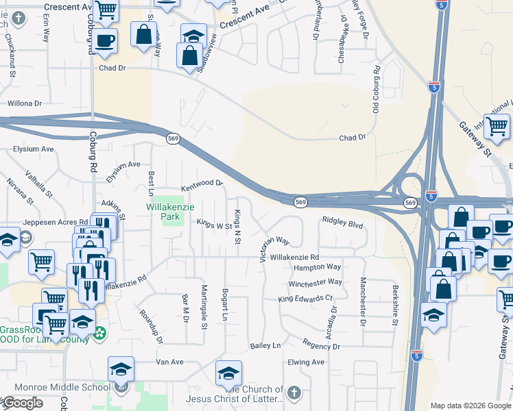 map of restaurants, bars, coffee shops, grocery stores, and more near 3231 Queens East Street in Eugene