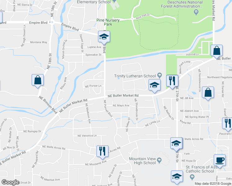 map of restaurants, bars, coffee shops, grocery stores, and more near 3237 Northeast Woodbury Court in Bend