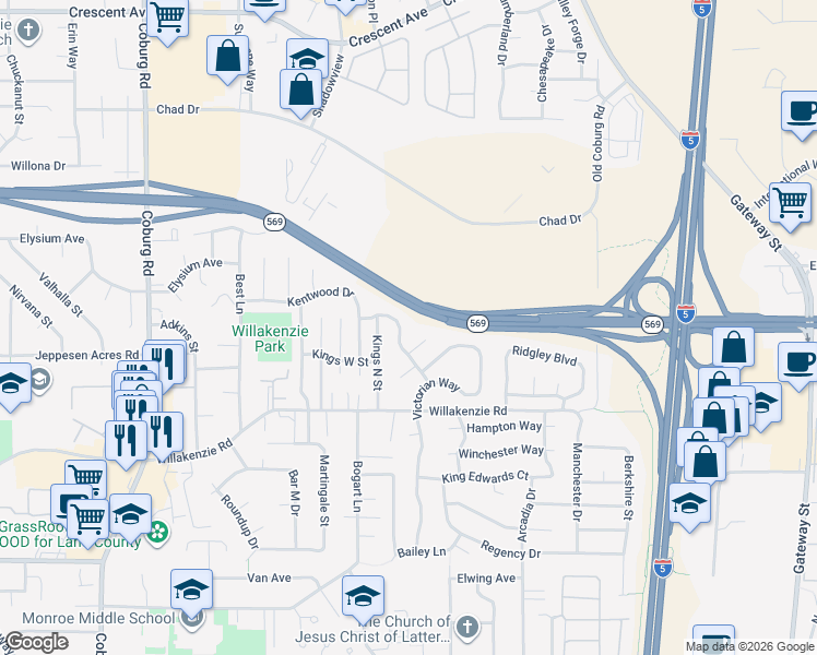 map of restaurants, bars, coffee shops, grocery stores, and more near 3231 Queens East Street in Eugene