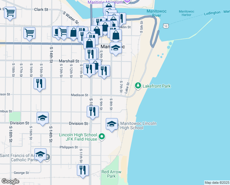 map of restaurants, bars, coffee shops, grocery stores, and more near 1303 South 8th Street in Manitowoc