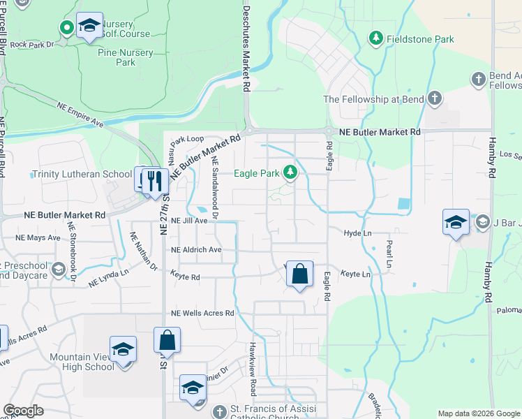 map of restaurants, bars, coffee shops, grocery stores, and more near 62859 Daniel Road in Bend