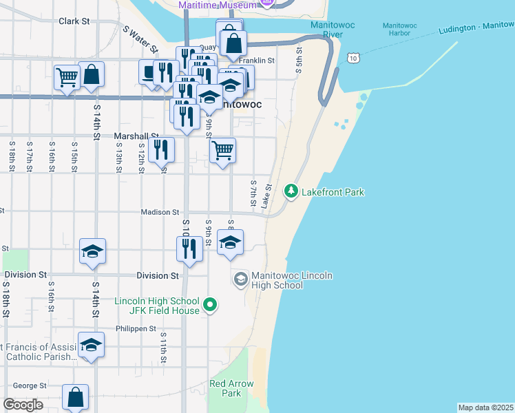 map of restaurants, bars, coffee shops, grocery stores, and more near 1323 South 7th Street in Manitowoc
