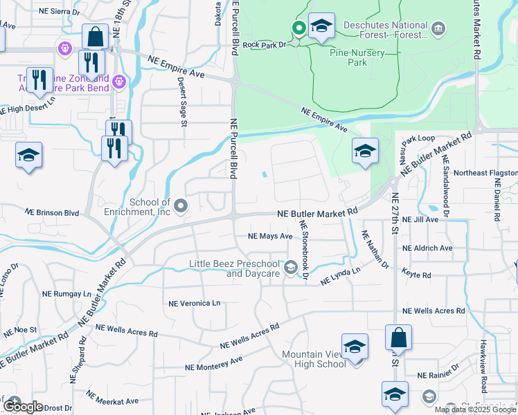 map of restaurants, bars, coffee shops, grocery stores, and more near 3237 Northeast Woodbury Court in Bend