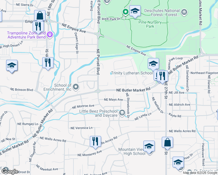 map of restaurants, bars, coffee shops, grocery stores, and more near 2189 Northeast Castle Avenue in Bend