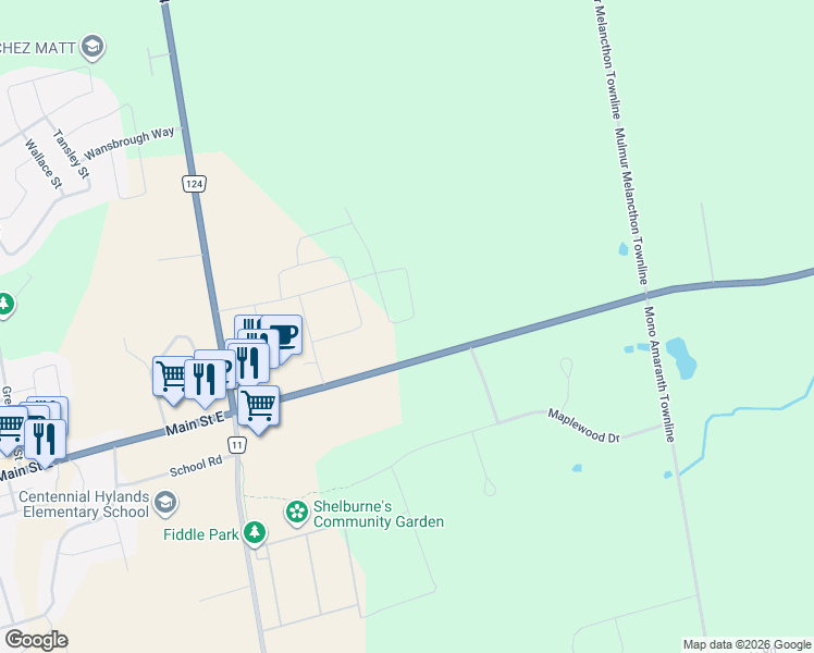 map of restaurants, bars, coffee shops, grocery stores, and more near 496 Black Cherry Crescent in Shelburne