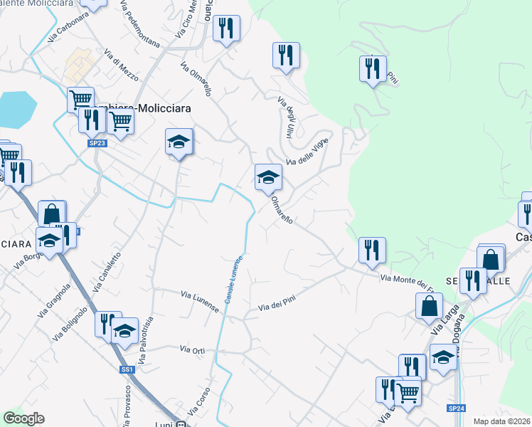 map of restaurants, bars, coffee shops, grocery stores, and more near 40 Via del Maggiore in Colombiera-molicciara