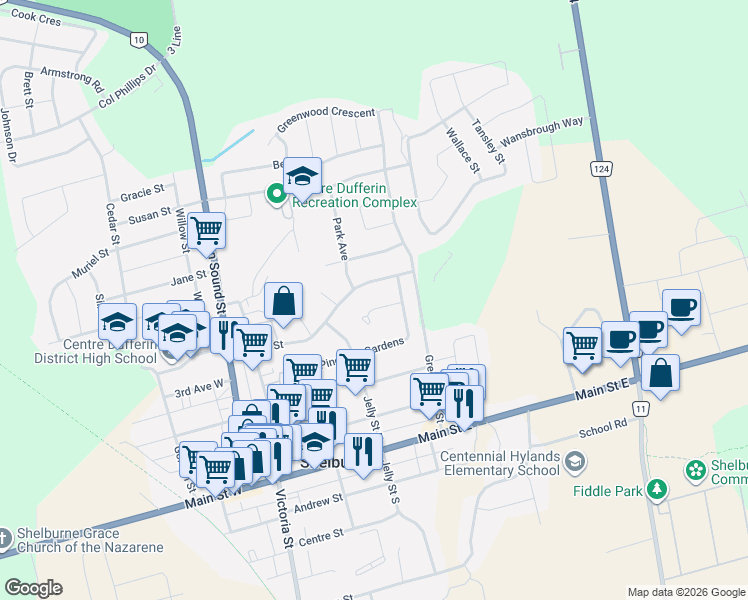 map of restaurants, bars, coffee shops, grocery stores, and more near 505 Monica Court in Shelburne