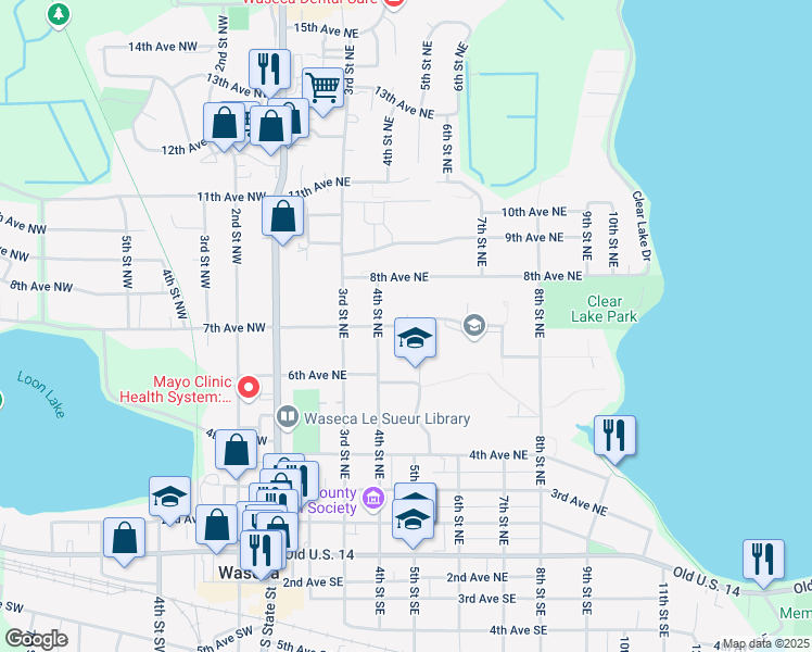 map of restaurants, bars, coffee shops, grocery stores, and more near 400 7th Avenue Northeast in Waseca
