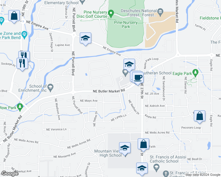 map of restaurants, bars, coffee shops, grocery stores, and more near 3389 Northeast Stonebrook Loop in Bend
