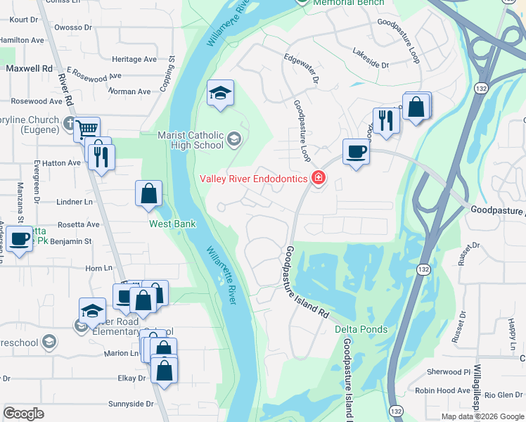 map of restaurants, bars, coffee shops, grocery stores, and more near 655 Goodpasture Island Road in Eugene