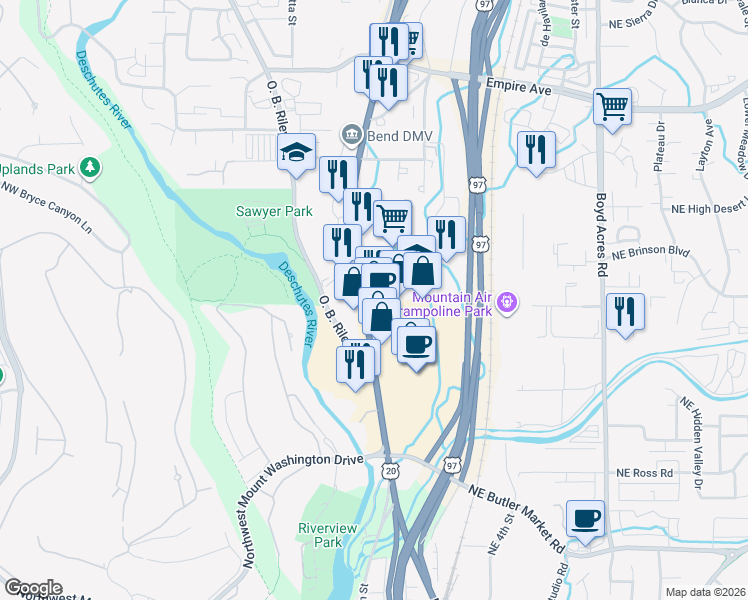 map of restaurants, bars, coffee shops, grocery stores, and more near 3198 North Highway 97 in Bend