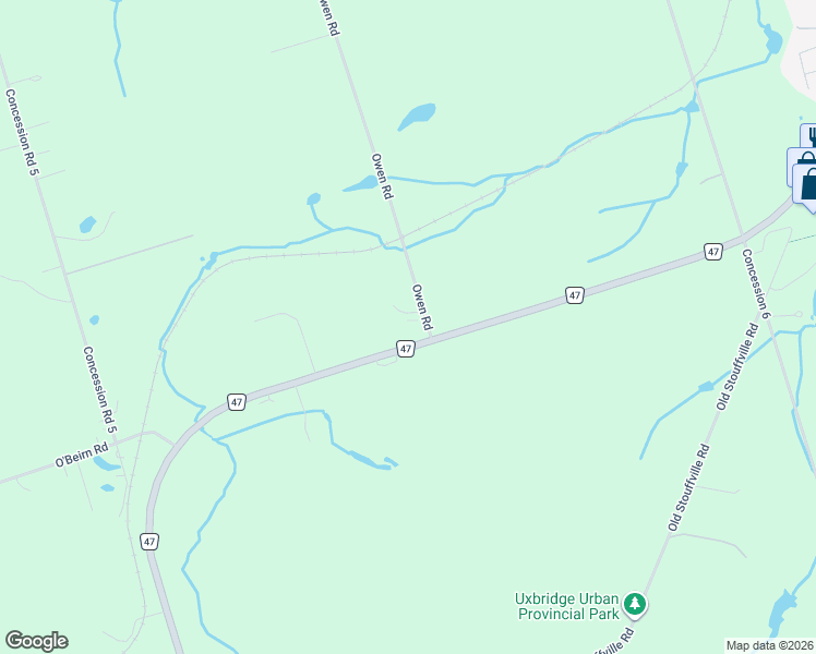 map of restaurants, bars, coffee shops, grocery stores, and more near 6002 Owen Road in Uxbridge
