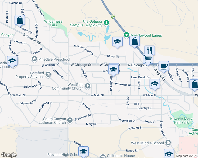 map of restaurants, bars, coffee shops, grocery stores, and more near 4101 Pleasant Drive in Rapid City