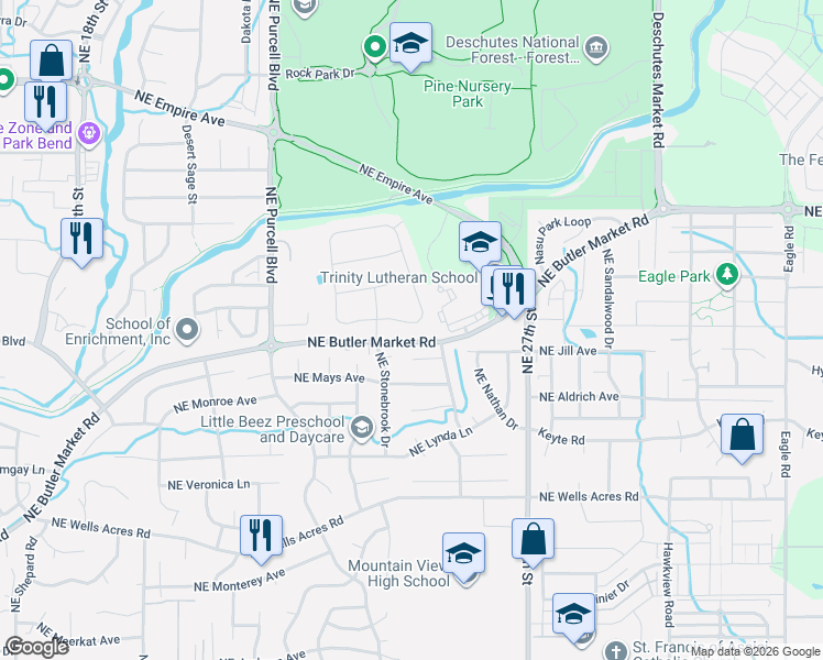 map of restaurants, bars, coffee shops, grocery stores, and more near 3232 Northeast Stonebrook Drive in Bend