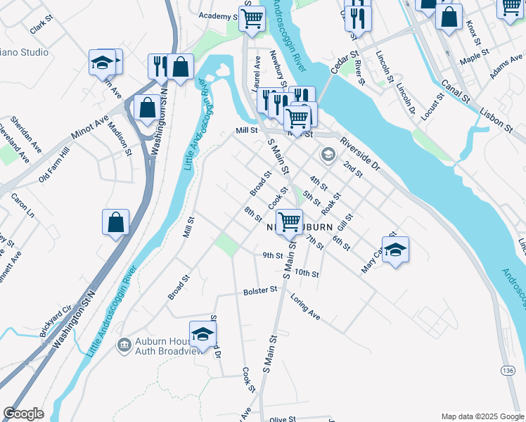 map of restaurants, bars, coffee shops, grocery stores, and more near in Auburn