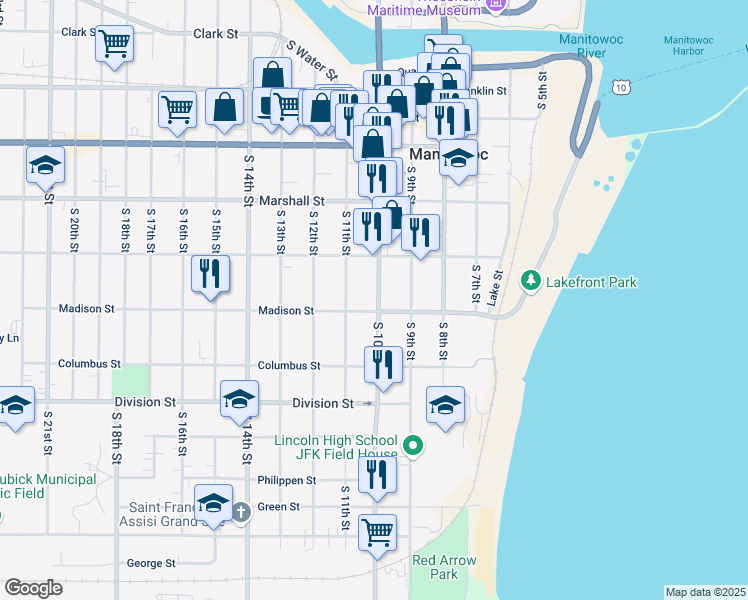 map of restaurants, bars, coffee shops, grocery stores, and more near 1015 Madison Street in Manitowoc