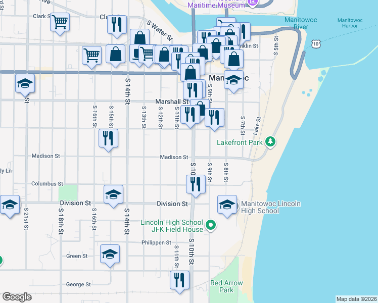 map of restaurants, bars, coffee shops, grocery stores, and more near 1015 Madison Street in Manitowoc