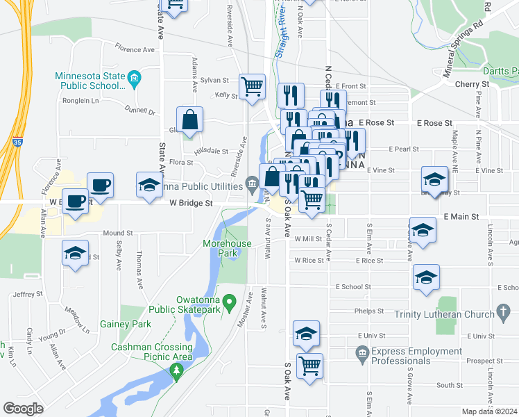 map of restaurants, bars, coffee shops, grocery stores, and more near 208 Walnut Avenue South in Owatonna
