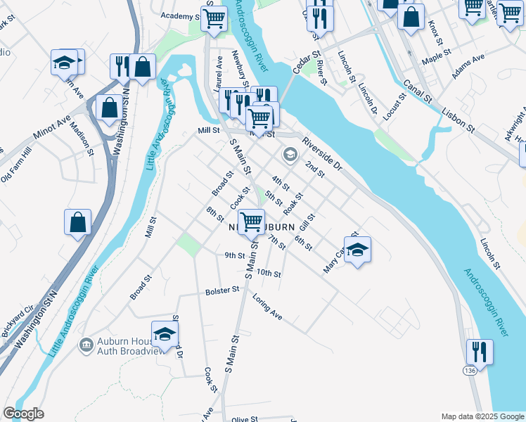 map of restaurants, bars, coffee shops, grocery stores, and more near 6th Street in Auburn