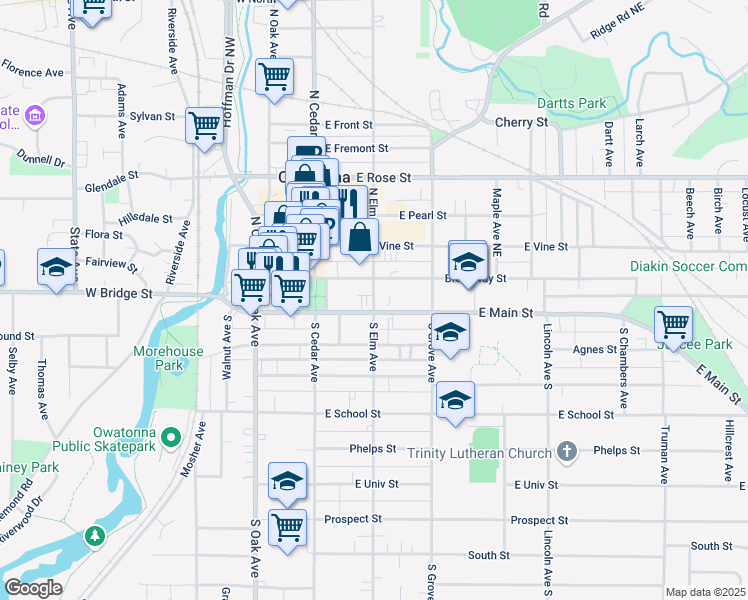 map of restaurants, bars, coffee shops, grocery stores, and more near 105 North Elm Avenue in Owatonna