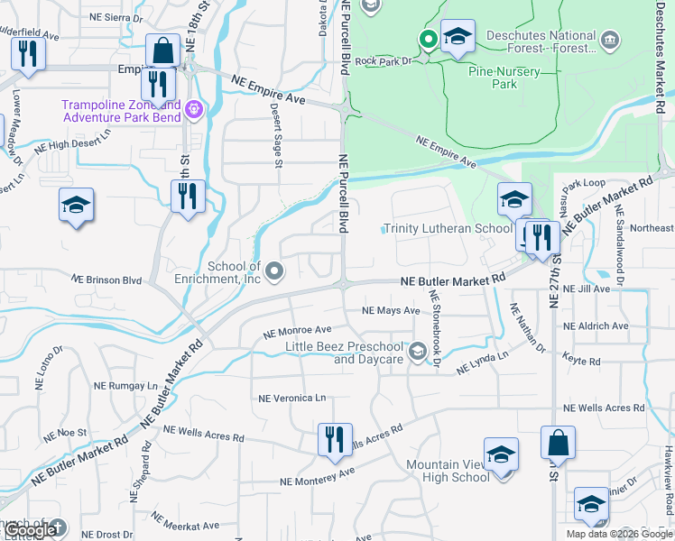 map of restaurants, bars, coffee shops, grocery stores, and more near 3224 Northeast Purcell Boulevard in Bend