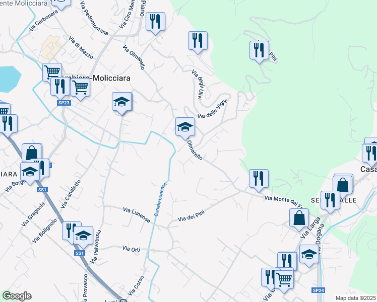 map of restaurants, bars, coffee shops, grocery stores, and more near 40 Via del Maggiore in Colombiera-molicciara