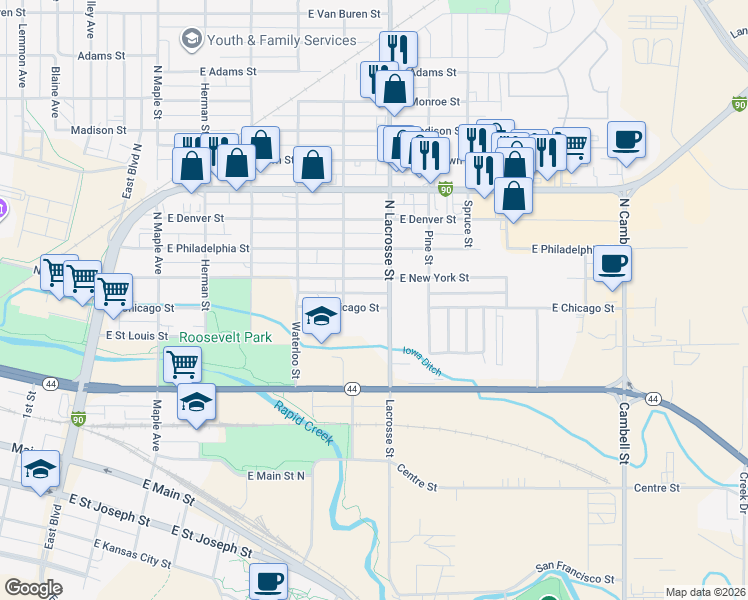 map of restaurants, bars, coffee shops, grocery stores, and more near 507 East Chicago Street in Rapid City