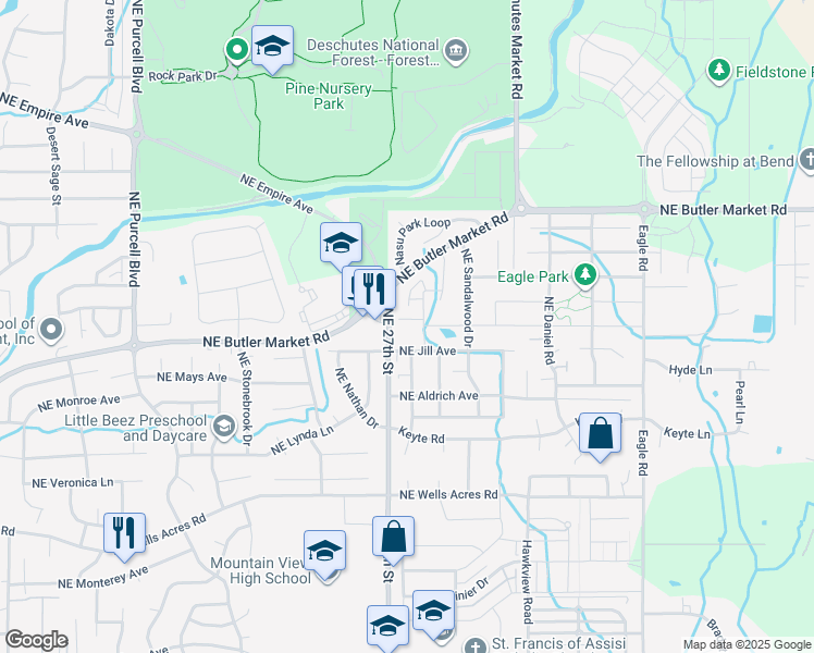 map of restaurants, bars, coffee shops, grocery stores, and more near 3195 Northeast Delmas Street in Bend