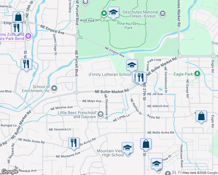 map of restaurants, bars, coffee shops, grocery stores, and more near 3232 Northeast Stonebrook Drive in Bend