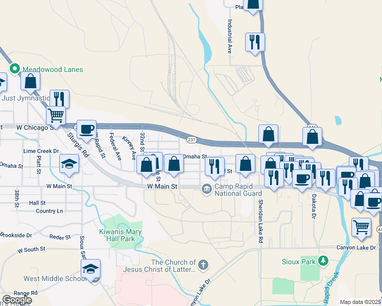 map of restaurants, bars, coffee shops, grocery stores, and more near 2914 West Omaha Street in Rapid City