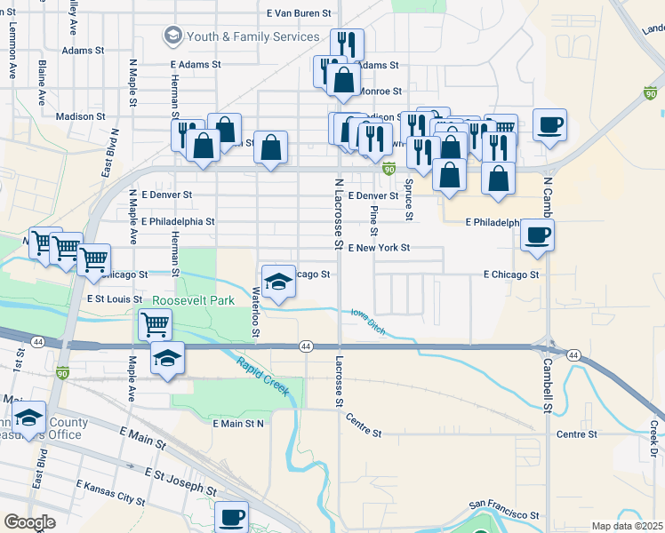 map of restaurants, bars, coffee shops, grocery stores, and more near 127 North Lacrosse Street in Rapid City
