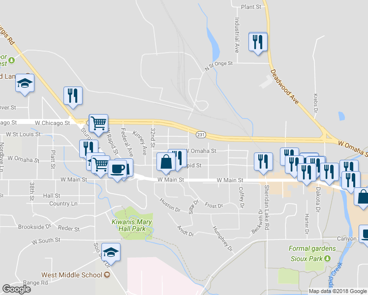 map of restaurants, bars, coffee shops, grocery stores, and more near 315 Saint Onge Street in Rapid City